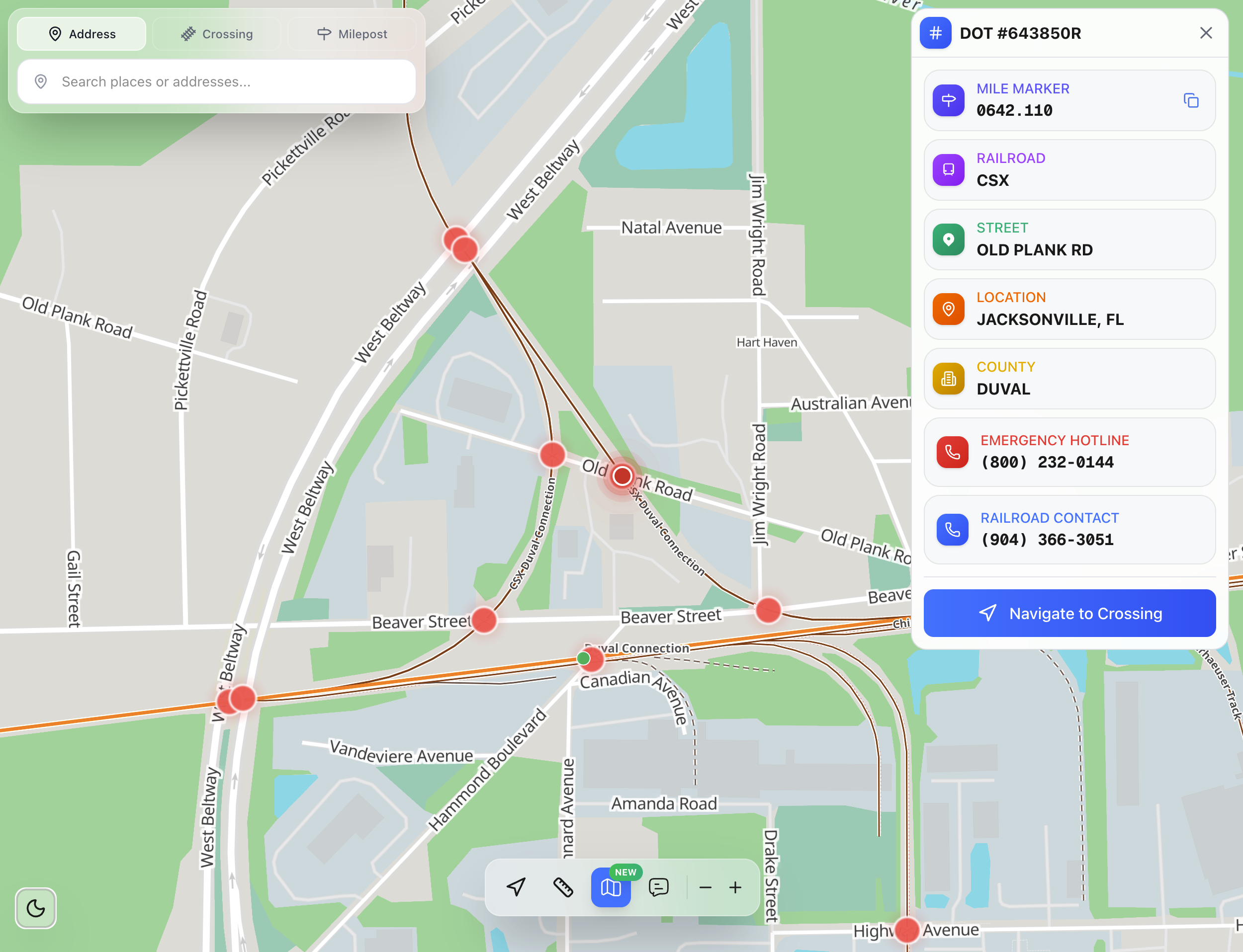 CrossingMap application interface showing map with crossing details